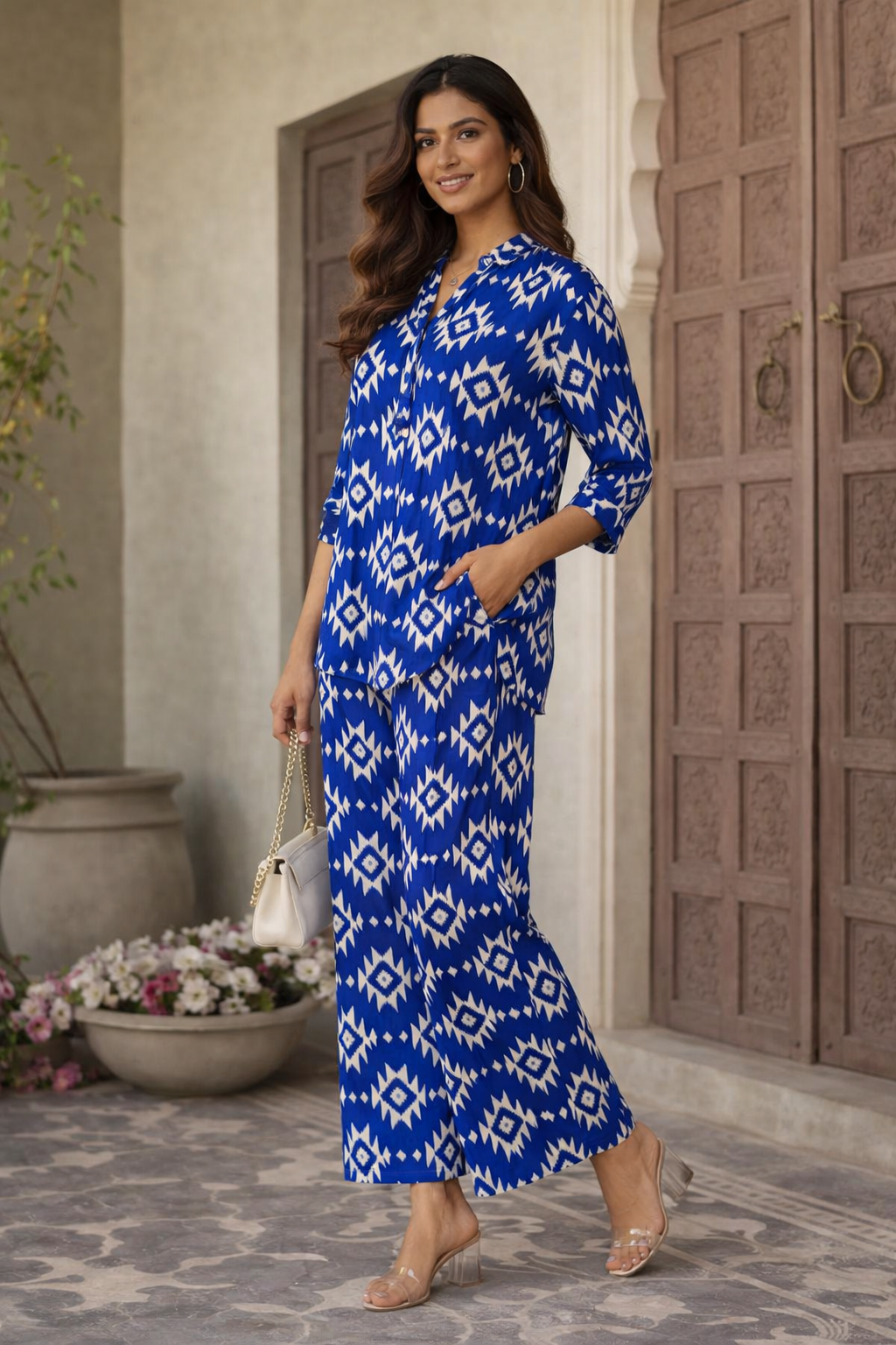 Women’s Blue Ikat Print Co-Ord Set in Soft Breathable Rayon | Ethnic Casual Wear