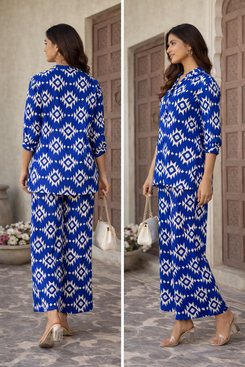 Women’s Blue Ikat Print Co-Ord Set in Soft Breathable Rayon | Ethnic Casual Wear