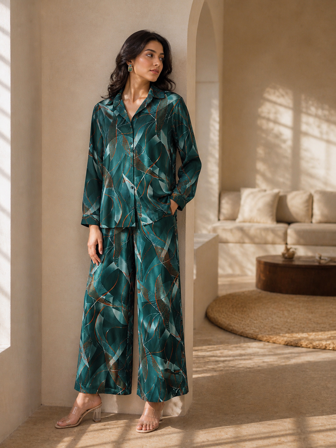 Women’s Premium Rayon Co-Ord Set | Abstract Printed Shirt & Pant Set | Stylish Casual & Lounge Wear