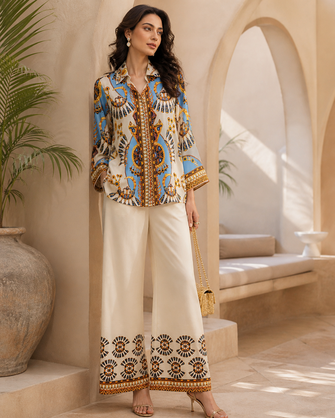 Women’s Turkish Print Rayon Co-Ord Set | Premium Ethnic Shirt & Wide-Leg Pant Set | Stylish Casual Wear