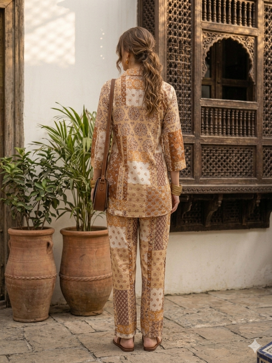 Women's Boho-Chic Rayon Patchwork Co-ord Set – Breathable Tunic & Straight Pants (Earth Tones)