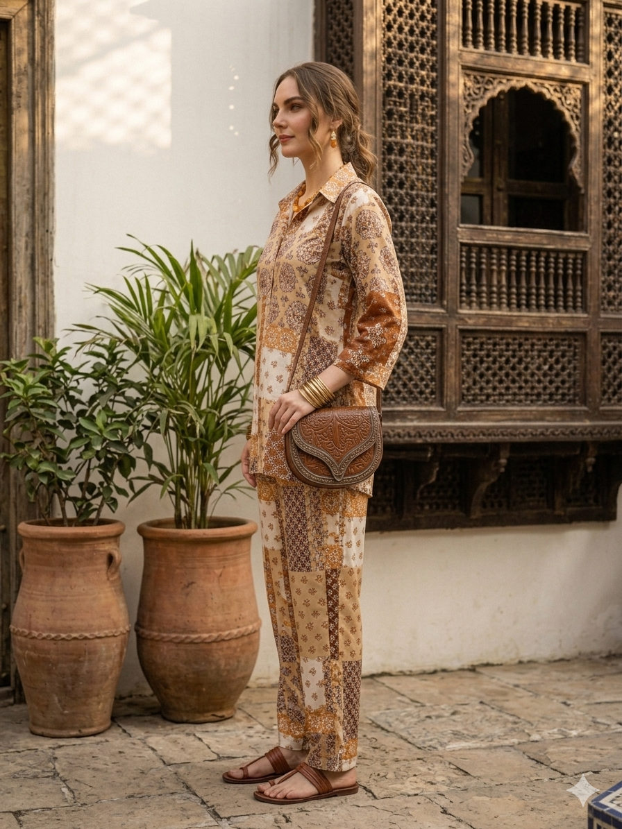 Women's Boho-Chic Rayon Patchwork Co-ord Set – Breathable Tunic & Straight Pants (Earth Tones)