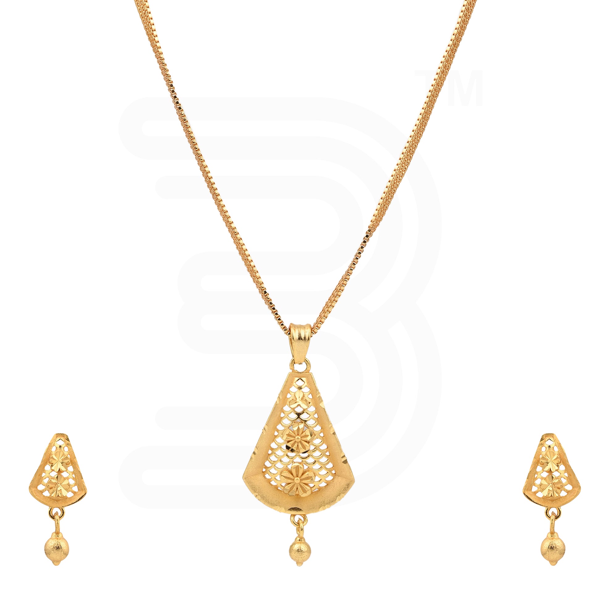 Gold necklace and earrings set on a white background